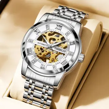Reloj hombre Цвет Серебристый, Золотой Роскошные Высококачественные Мужские часы Со Стальным Ремнем, Выдалбливают Лидирующий Бренд TISSELLY + Коробка Для часов