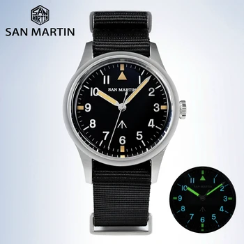 San Martin 36mm Pilot Watch Мужские Часы VH31 Механизм Mechaquartz Нейлоновый Ремешок Мужские Наручные Часы Sweep Second Кварцевой Серии 10 Bar Световой