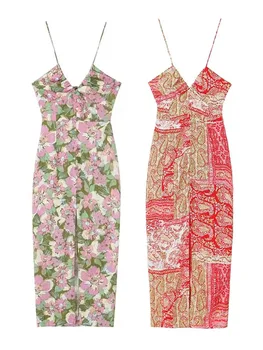 TRAF 2023 Летнее новое женское модное платье-корсет с цветочным рисунком, плиссированное платье-слинг с длинной юбкой без спинки