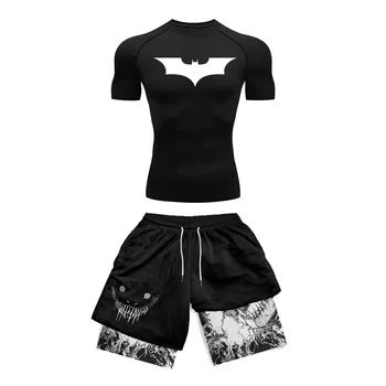 Компрессионный комплект спортивной одежды с рисунком летучей мыши и берсерка из 2 предметов в стиле аниме для мужчин, Быстросохнущая компрессионная рубашка + спортивные шорты, костюм для фитнеса