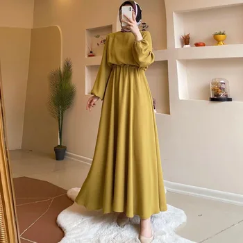 Осеннее однотонное женское платье Abaya, мусульманская мода, свободный халат с эластичной резинкой на талии, длинный рукав, Элегантная одежда с высоким воротником, Дубай, Турция